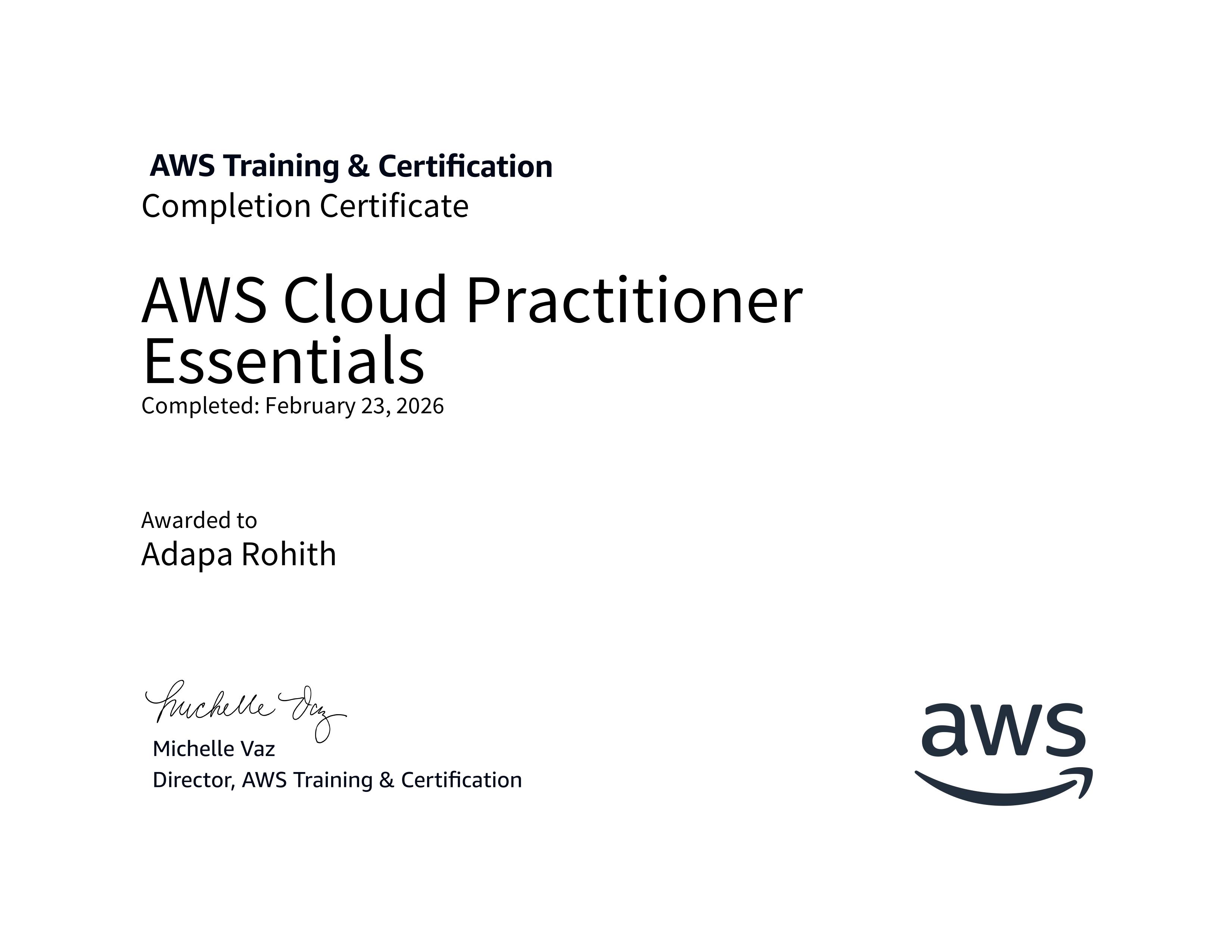 AWS Cloud Practitioner Essentials Certificate